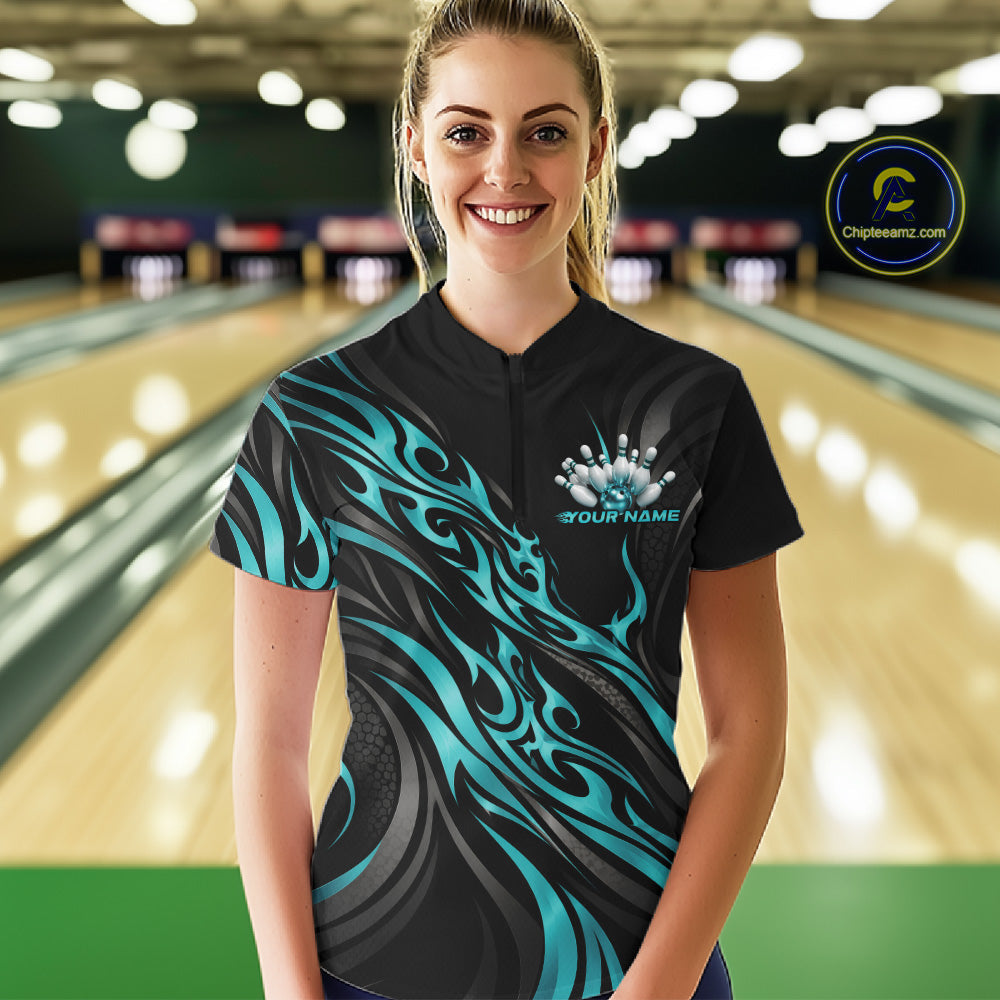 Black And Turquoise Blue Tribal Custom Crown Bowling Team Quarter-Zip Shirt