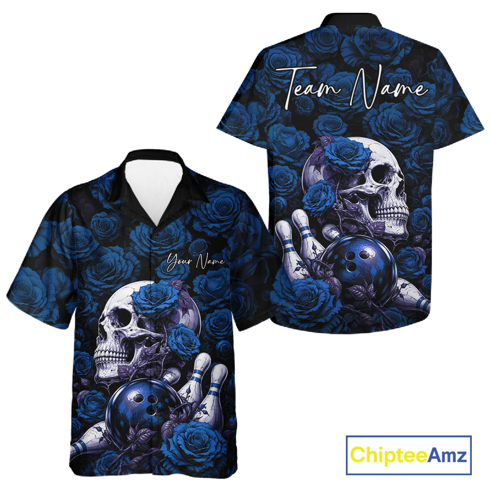 Custom Blue Roses And Skull Halloween Bowling Jersey And Button Up Shirt