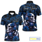 Custom Blue Roses And Skull Halloween Bowling Jersey Polo Shirt