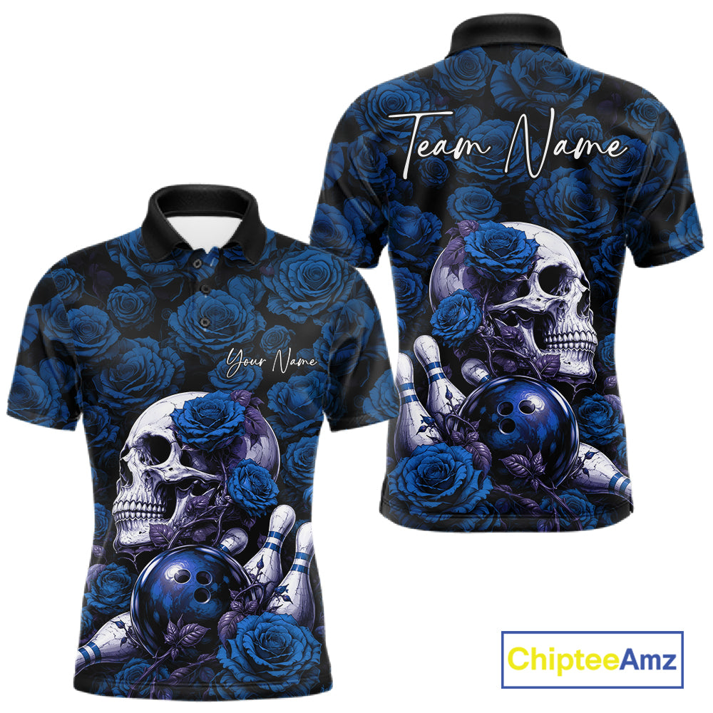 Custom Blue Roses And Skull Halloween Bowling Jersey Polo Shirt