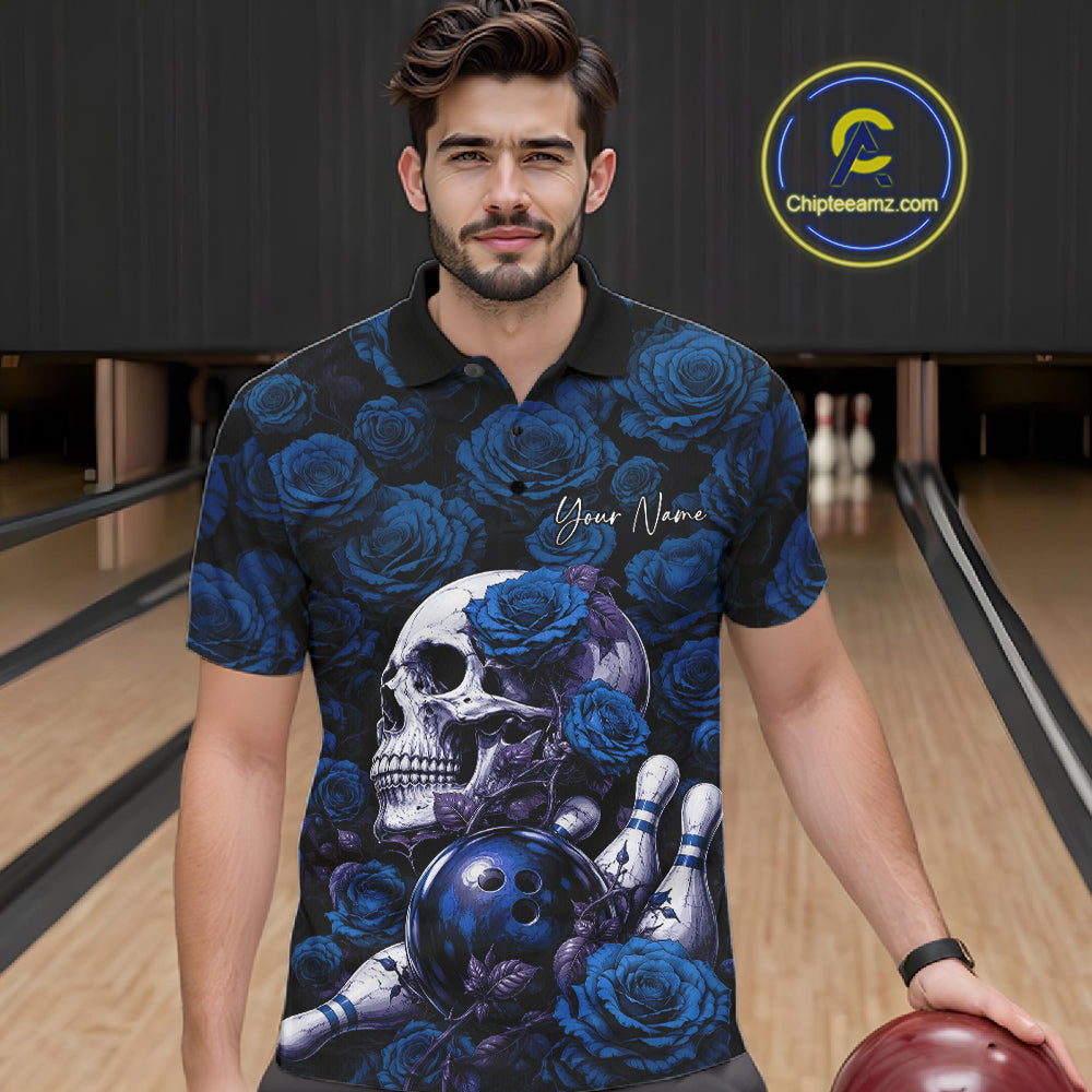 Custom Blue Roses And Skull Halloween Bowling Jersey Polo Shirt
