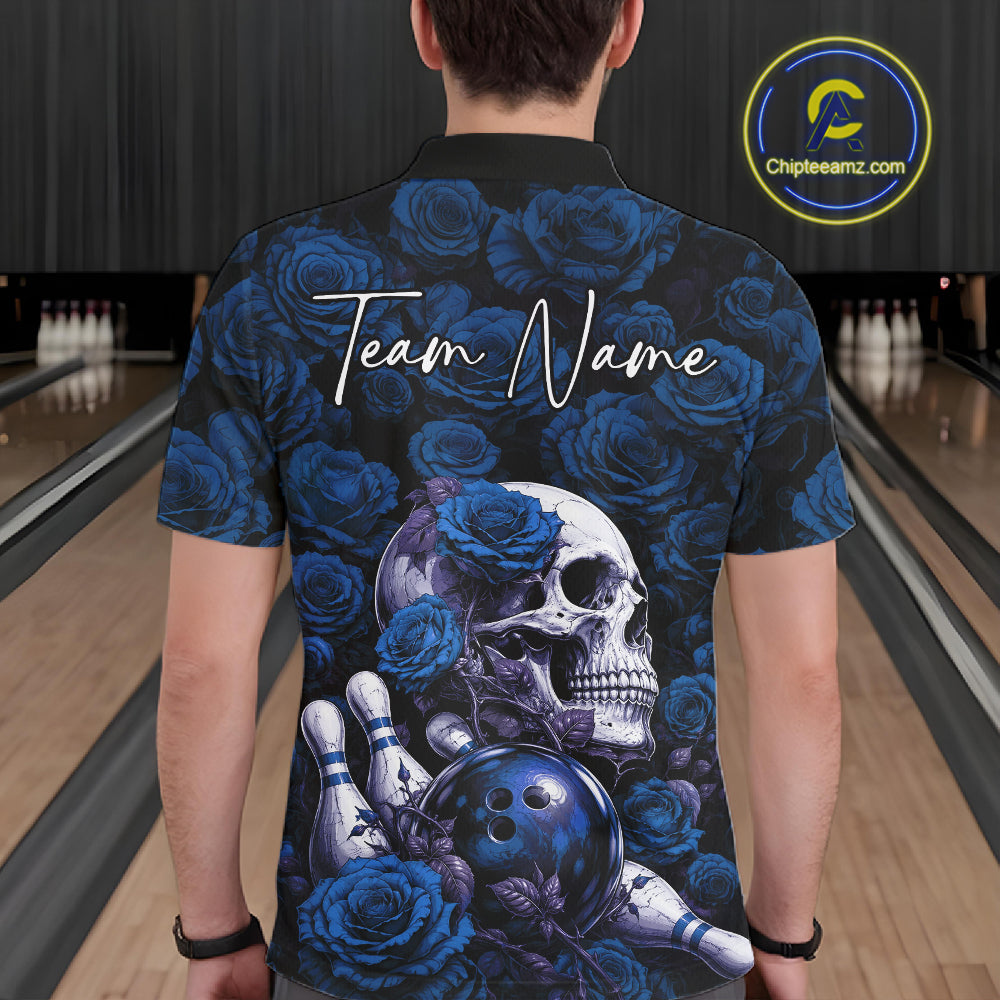 Custom Blue Roses And Skull Halloween Bowling Jersey Polo Shirt