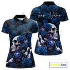 Custom Blue Roses And Skull Halloween Bowling Jersey Polo Shirt