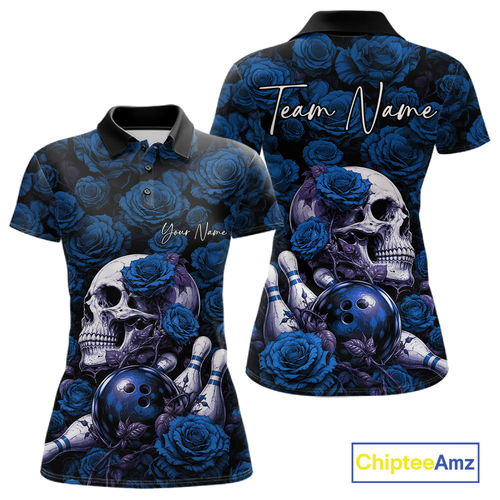 Custom Blue Roses And Skull Halloween Bowling Jersey Polo Shirt