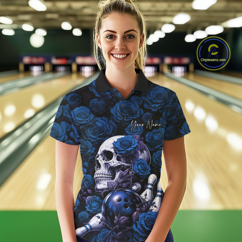 Custom Blue Roses And Skull Halloween Bowling Jersey Polo Shirt