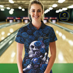Custom Blue Roses And Skull Halloween Bowling Jersey Polo Shirt