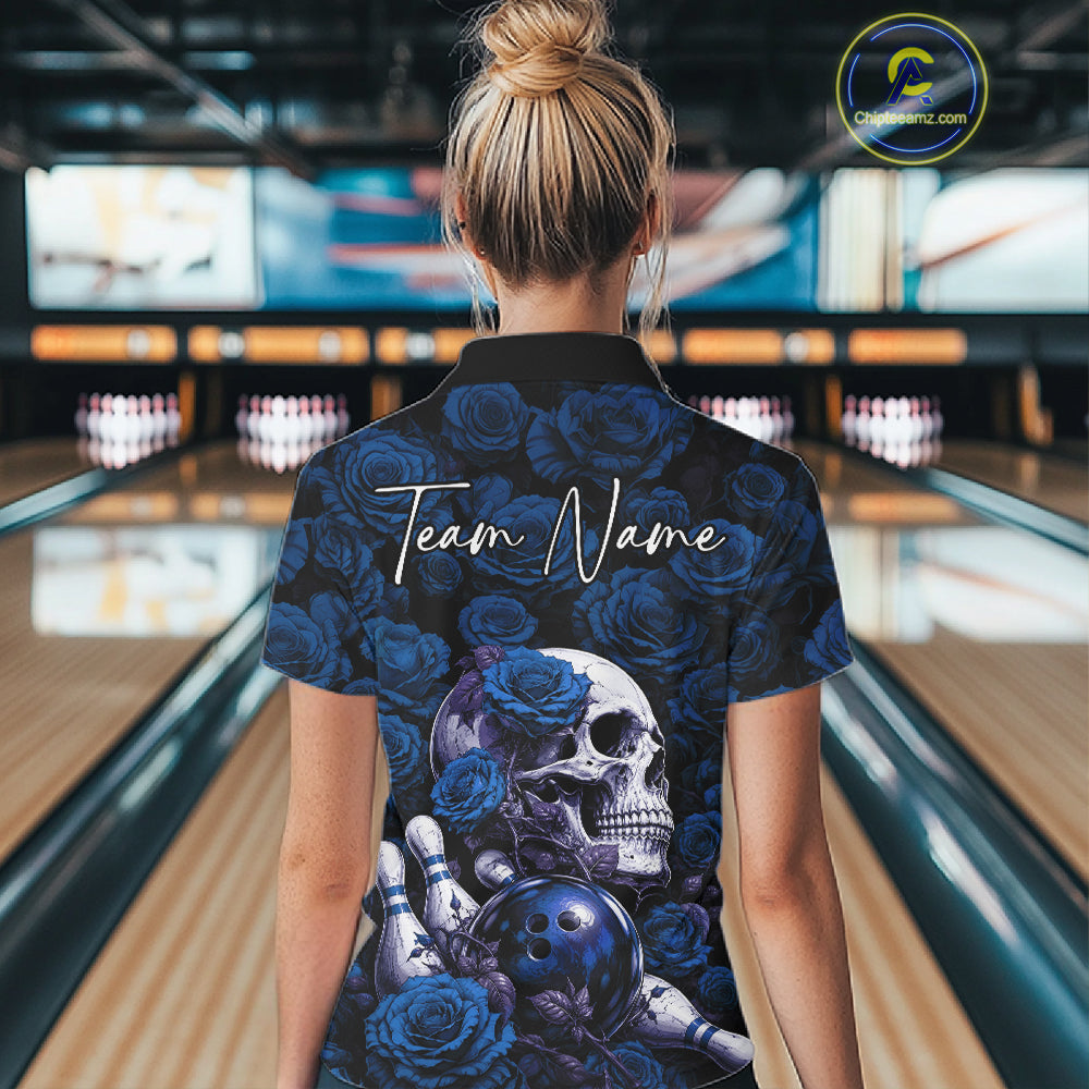 Custom Blue Roses And Skull Halloween Bowling Jersey Polo Shirt