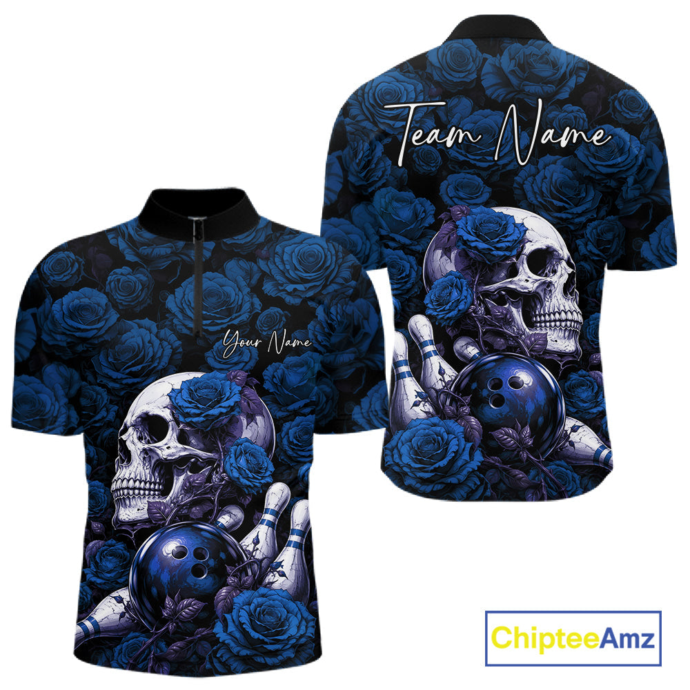 Custom Blue Roses And Skull Halloween Bowling Jersey Quarter Zip Shirt