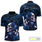 Custom Blue Roses And Skull Halloween Bowling Jersey Quarter Zip Shirt