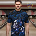 Custom Blue Roses And Skull Halloween Bowling Jersey Quarter Zip Shirt