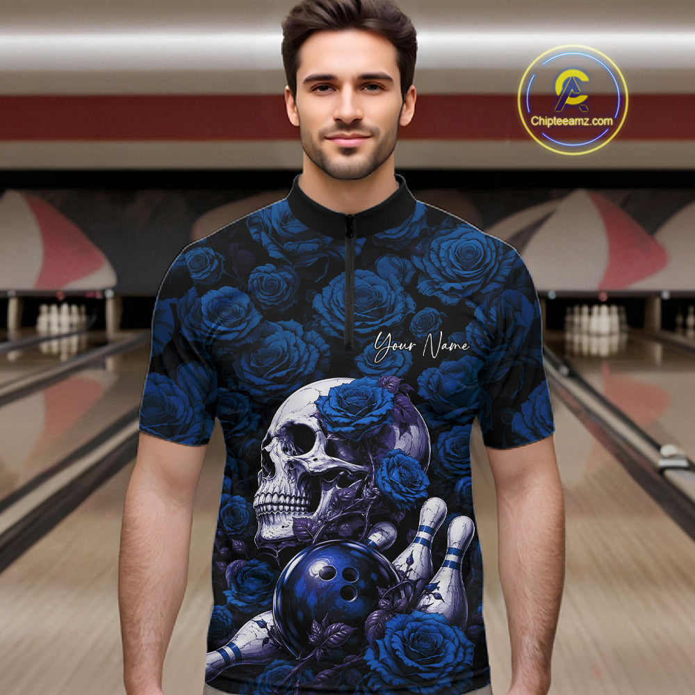Custom Blue Roses And Skull Halloween Bowling Jersey Quarter Zip Shirt