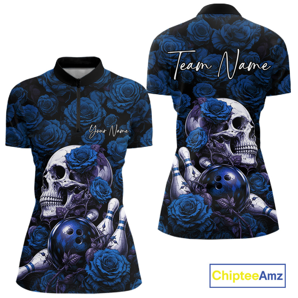 Custom Blue Roses And Skull Halloween Bowling Jersey Quarter-Zip Shirt