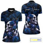Custom Blue Roses And Skull Halloween Bowling Jersey Quarter-Zip Shirt