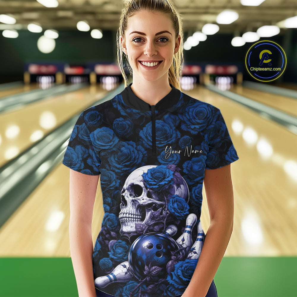 Custom Blue Roses And Skull Halloween Bowling Jersey Quarter-Zip Shirt