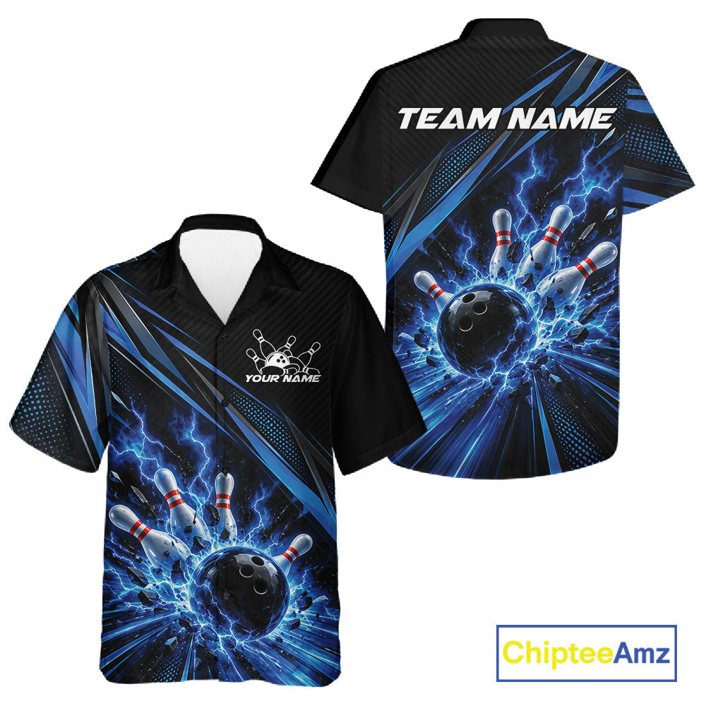 Custom Black And Blue Lightning Bowling Jerseys, Bowling Team League And Button Up Shirt
