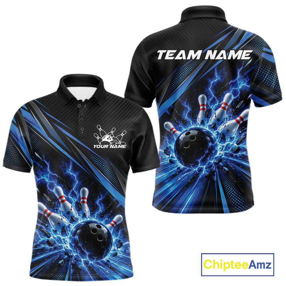 Custom Black And Blue Lightning Bowling Jerseys, Bowling Team League Polo Shirt