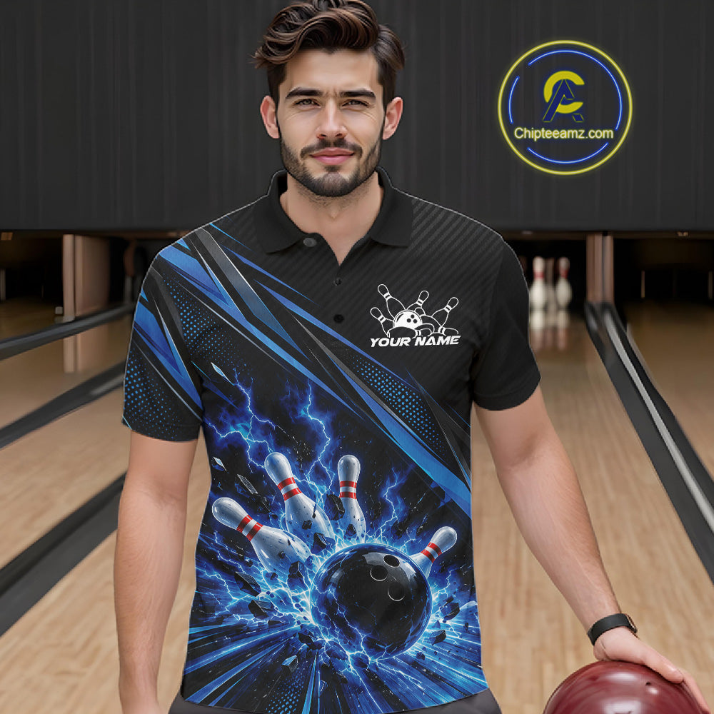 Custom Black And Blue Lightning Bowling Jerseys, Bowling Team League Polo Shirt