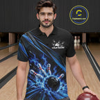 Custom Black And Blue Lightning Bowling Jerseys, Bowling Team League Polo Shirt