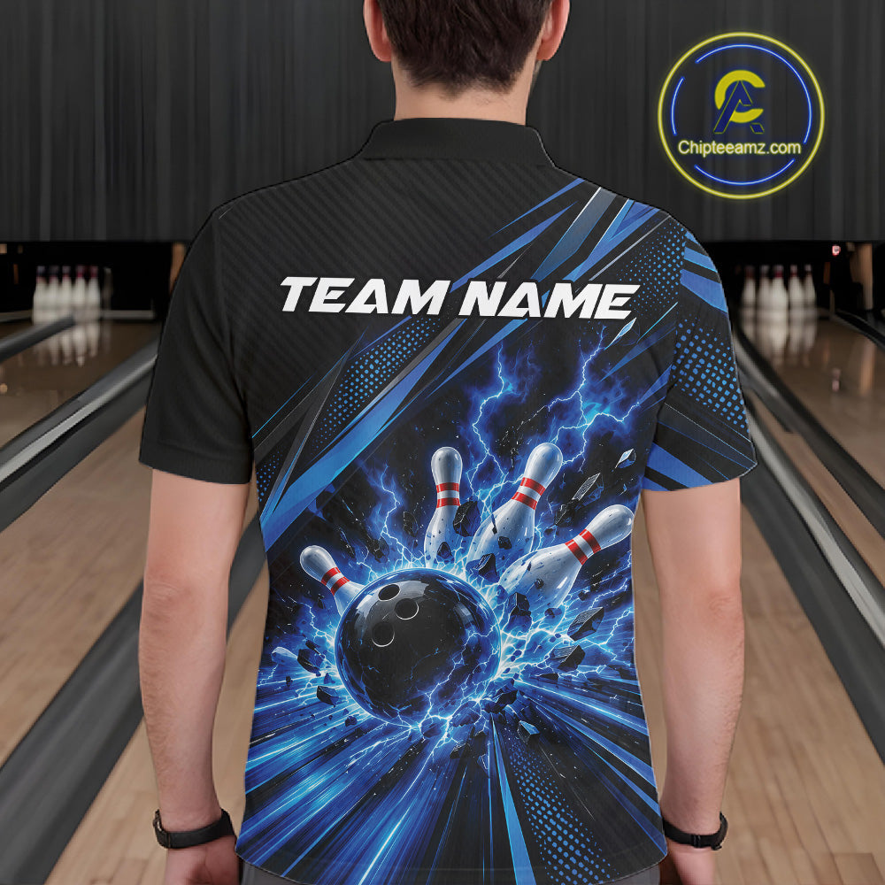 Custom Black And Blue Lightning Bowling Jerseys, Bowling Team League Polo Shirt
