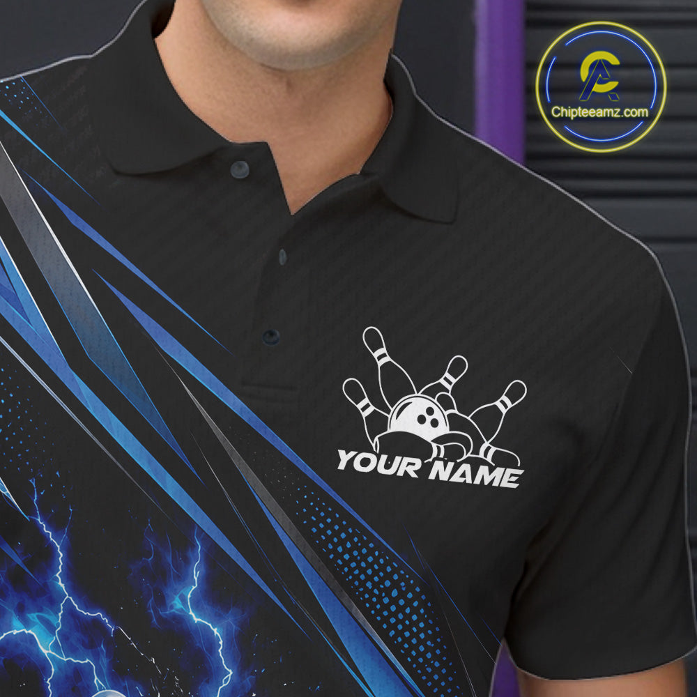 Custom Black And Blue Lightning Bowling Jerseys, Bowling Team League Polo Shirt