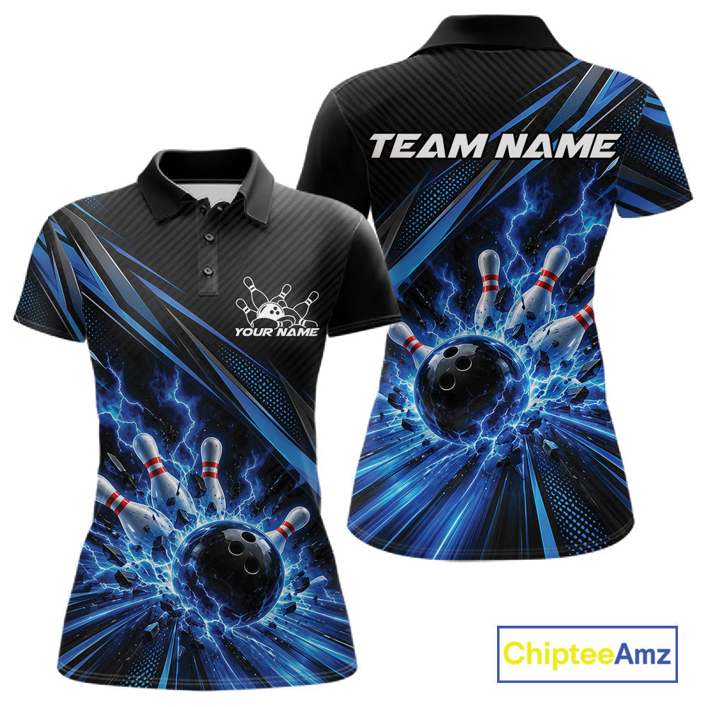 Custom Black And Blue Lightning Bowling Jerseys, Bowling Team League Polo Shirt