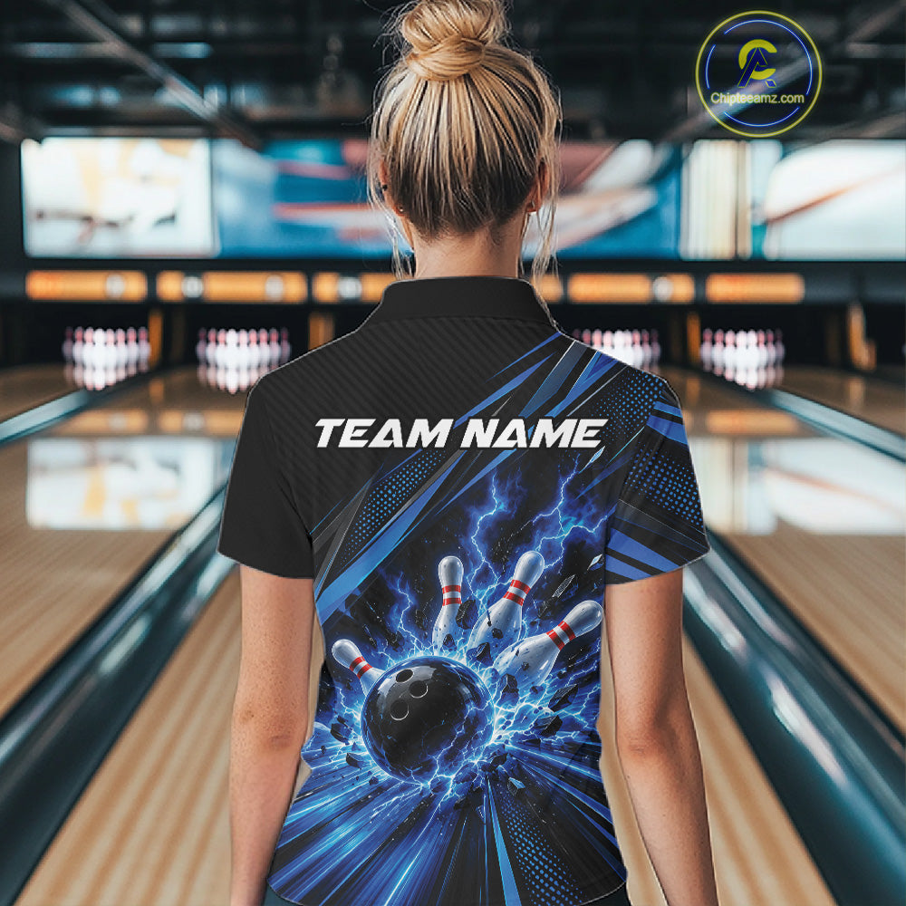 Custom Black And Blue Lightning Bowling Jerseys, Bowling Team League Polo Shirt