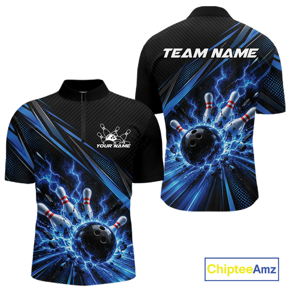 Custom Black And Blue Lightning Bowling Jerseys, Bowling Team League Quarter Zip Shirt