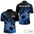Custom Black And Blue Lightning Bowling Jerseys, Bowling Team League Quarter Zip Shirt
