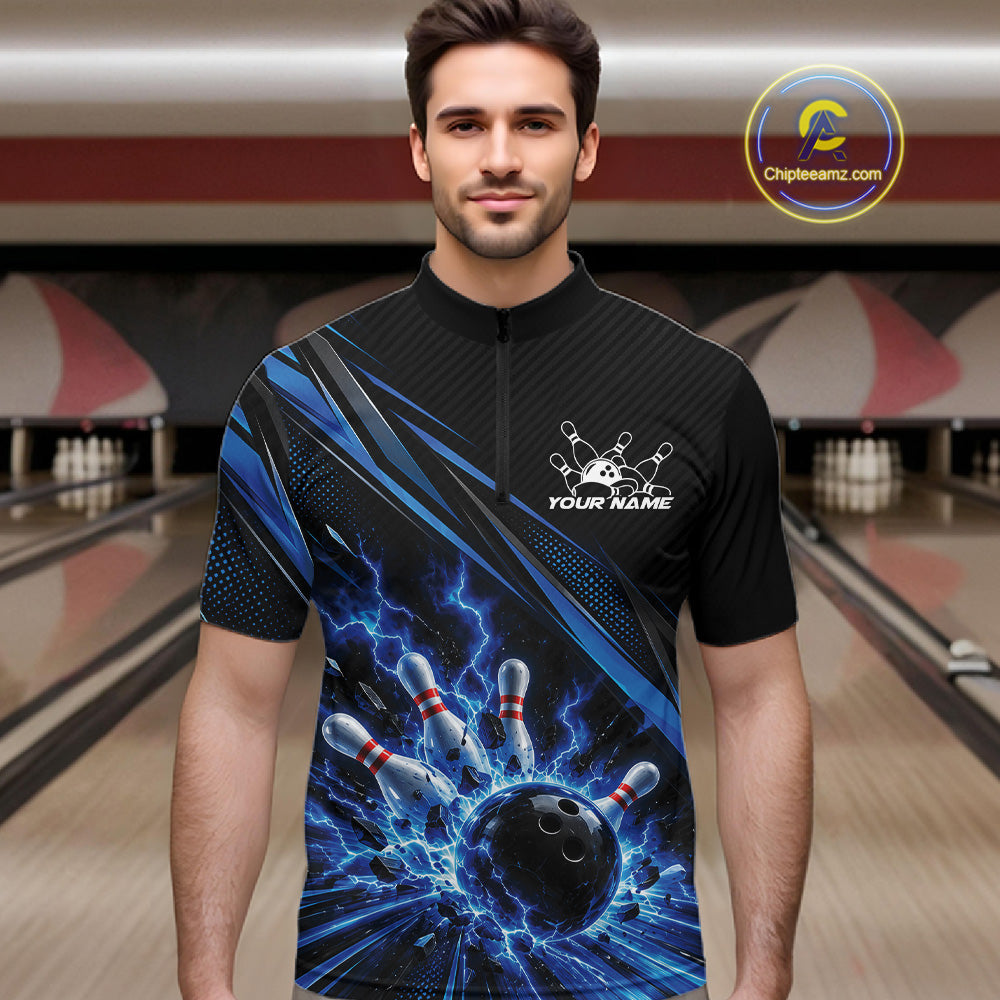 Custom Black And Blue Lightning Bowling Jerseys, Bowling Team League Quarter Zip Shirt