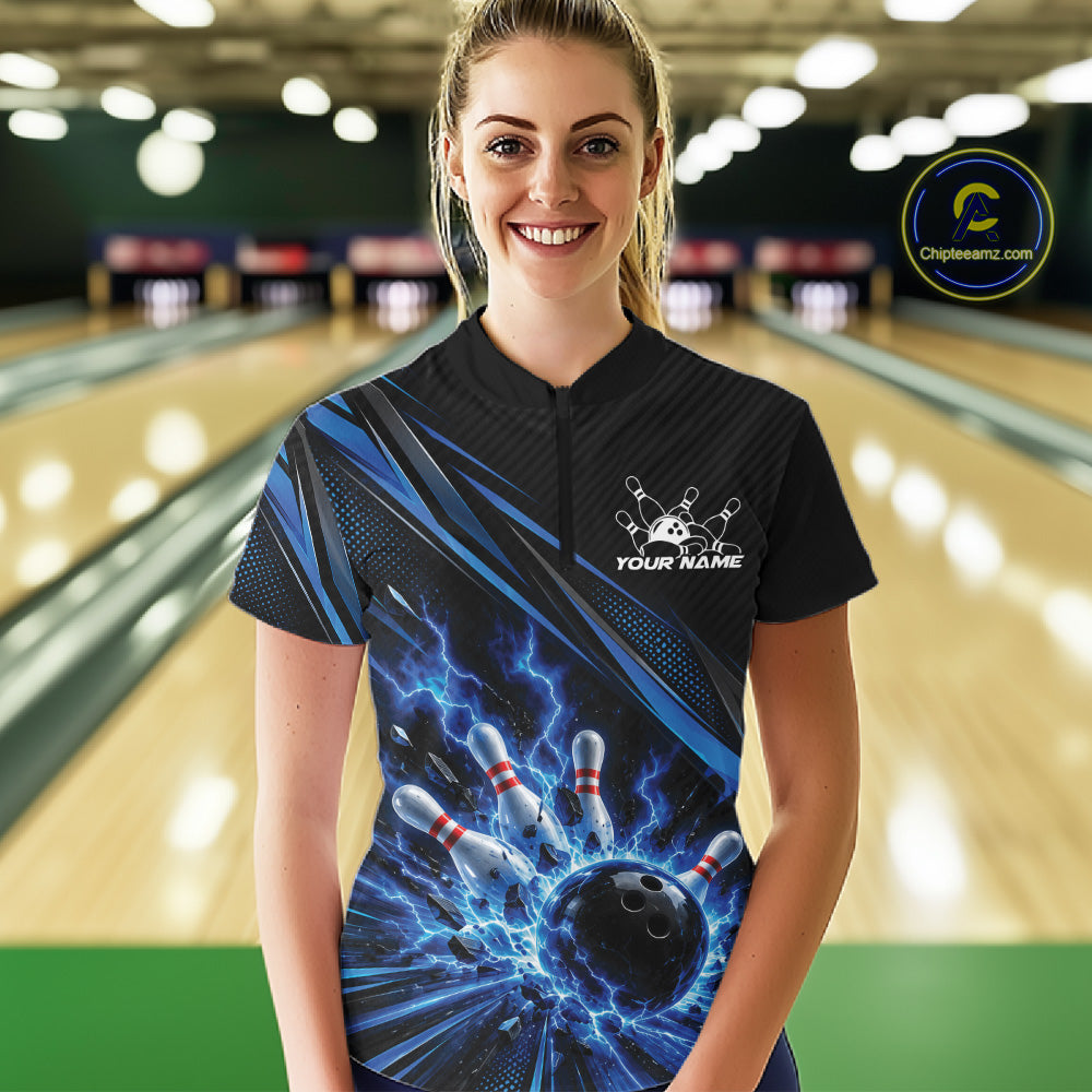 Custom Black And Blue Lightning Bowling Jerseys, Bowling Team Quarter-Zip Shirt
