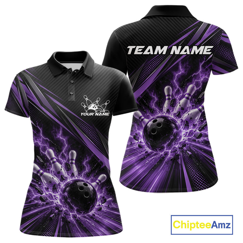 Custom Black And Purple Lightning Bowling Jerseys, Bowling Team League Polo Shirt