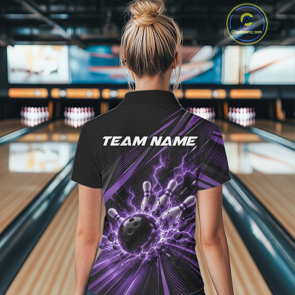 Custom Black And Purple Lightning Bowling Jerseys, Bowling Team League Polo Shirt
