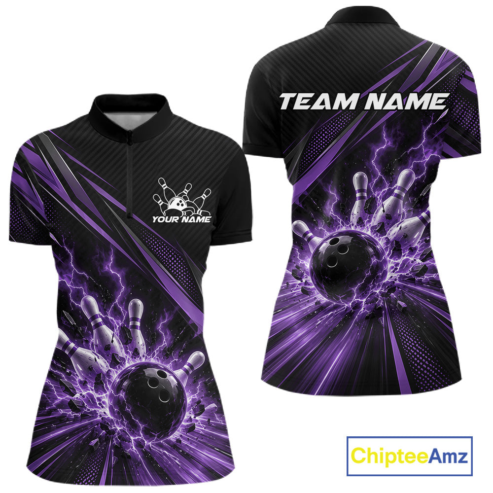 Custom Black And Purple Lightning Bowling Jerseys, Bowling Team Quarter-Zip Shirt