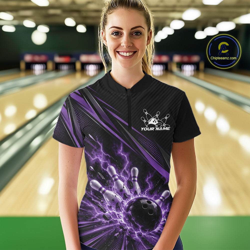 Custom Black And Purple Lightning Bowling Jerseys, Bowling Team Quarter-Zip Shirt