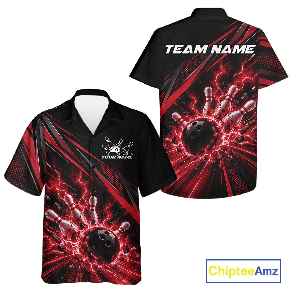 Custom Black And Red Lightning Bowling Jerseys, Bowling Team League And Button Up Shirt