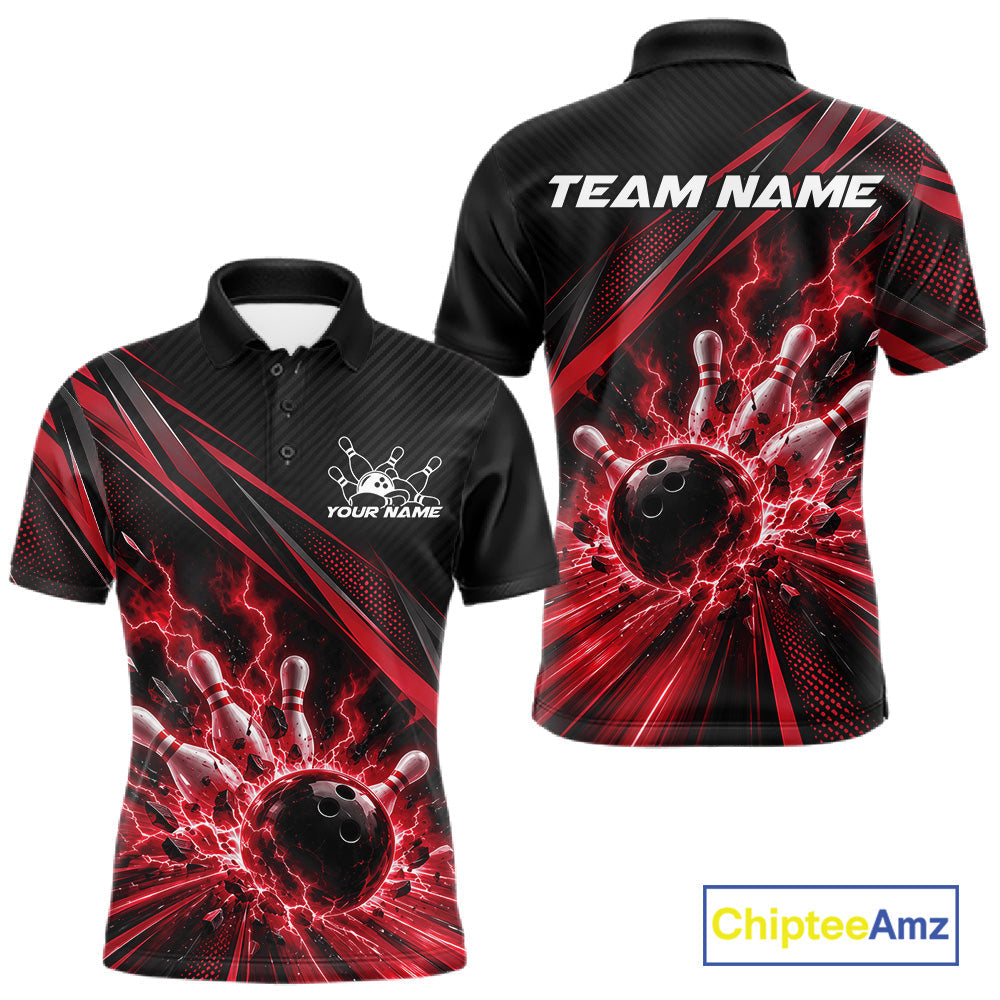 Custom Black And Red Lightning Bowling Jerseys, Bowling Team League Polo Shirt