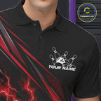 Custom Black And Red Lightning Bowling Jerseys, Bowling Team League Polo Shirt