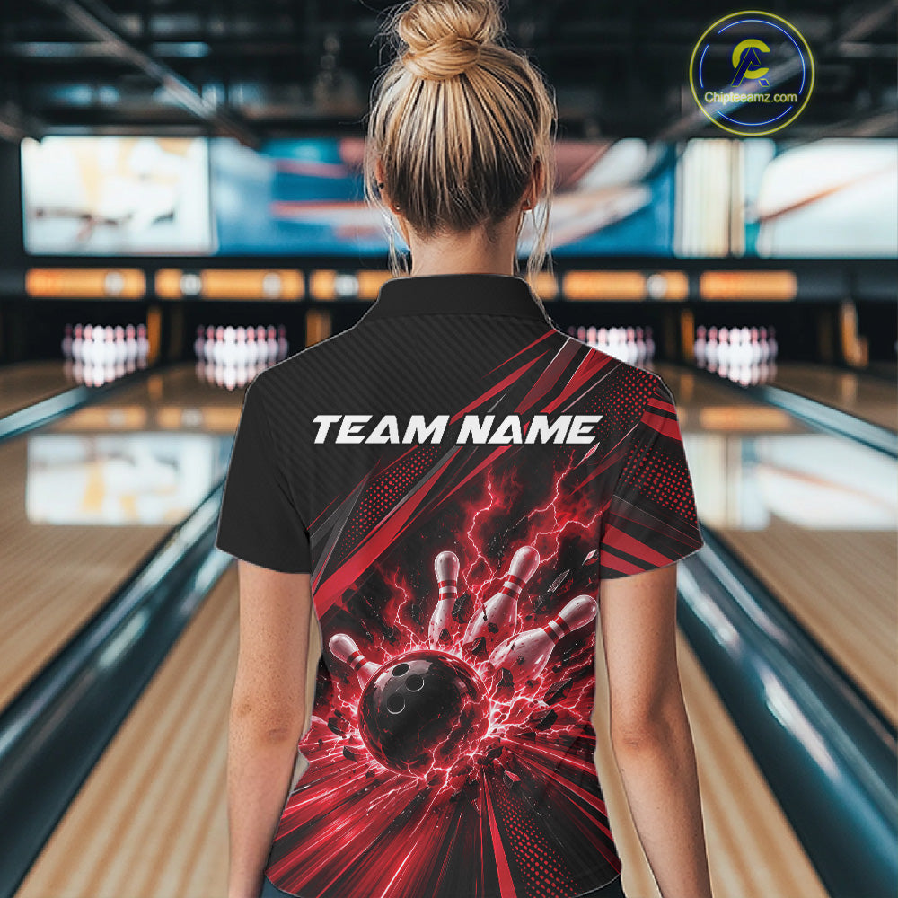 Custom Black And Red Lightning Bowling Jerseys, Bowling Team League Polo Shirt