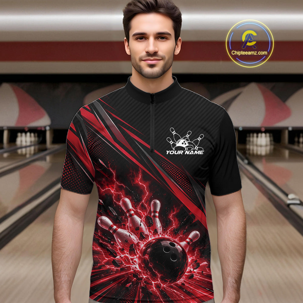 Custom Black And Red Lightning Bowling Jerseys, Bowling Team League Quarter Zip Shirt
