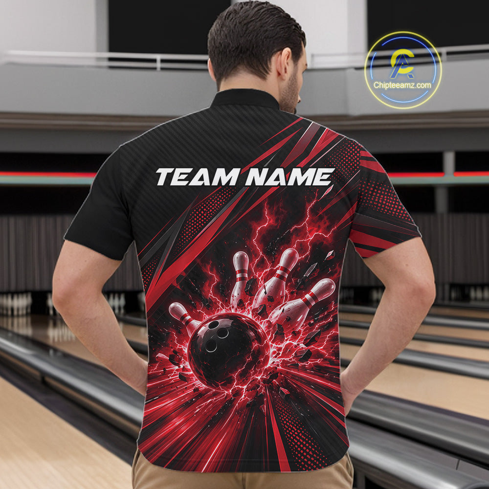 Custom Black And Red Lightning Bowling Jerseys, Bowling Team League Quarter Zip Shirt