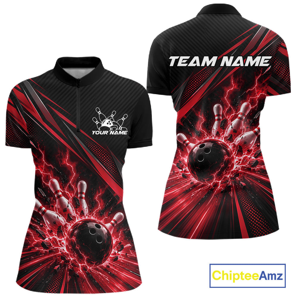 Custom Black And Red Lightning Bowling Jerseys, Bowling Team Quarter-Zip Shirt