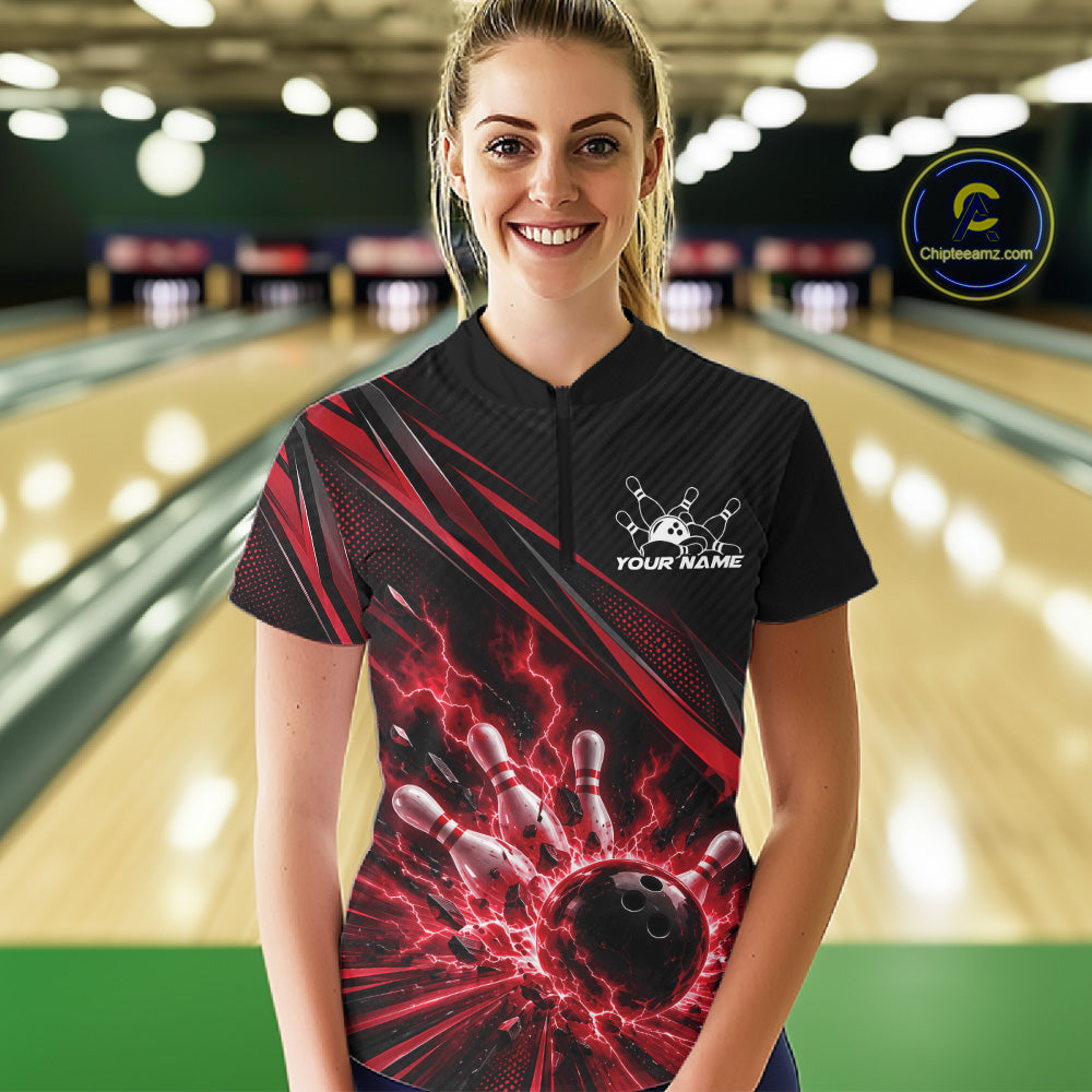 Custom Black And Red Lightning Bowling Jerseys, Bowling Team Quarter-Zip Shirt