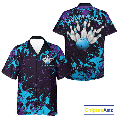 Custom Blue And Purple Camo And Bowling League Shirt, Bowlers Jerseys Tournament Outfit