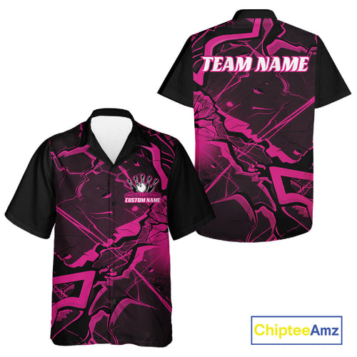 Custom Black And Pink Lightning Crack Modern Bowling Team Hawaiian Shirt And And