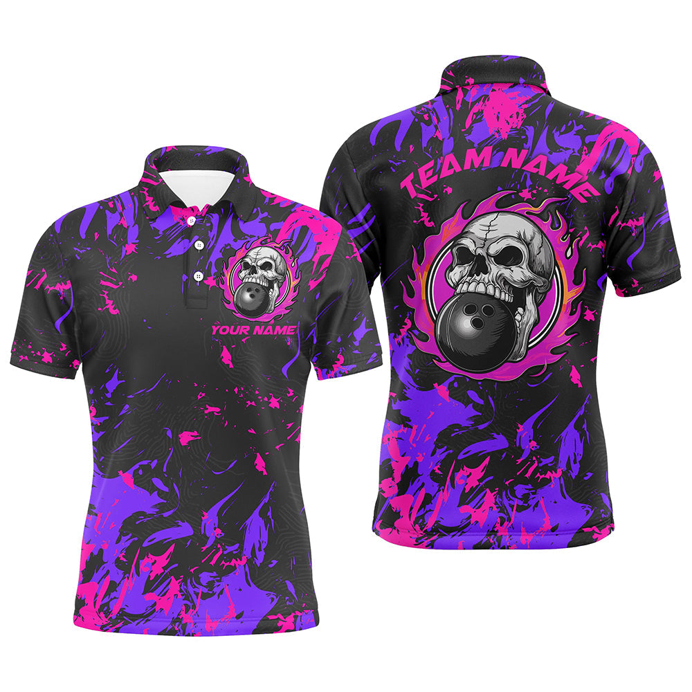 Custom Pink And Purple Bowling Jerseys And, Flame Skull Bowling Team Shirts