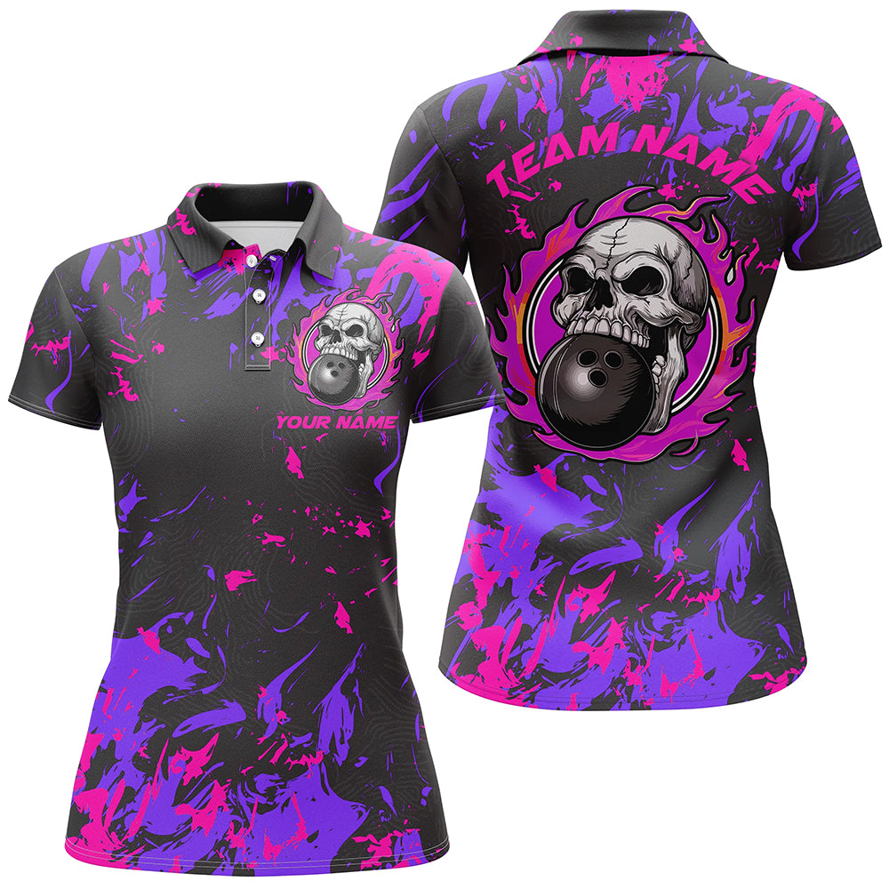 Custom Pink And Purple Bowling Jerseys, Flame Skull Bowling Team Shirts