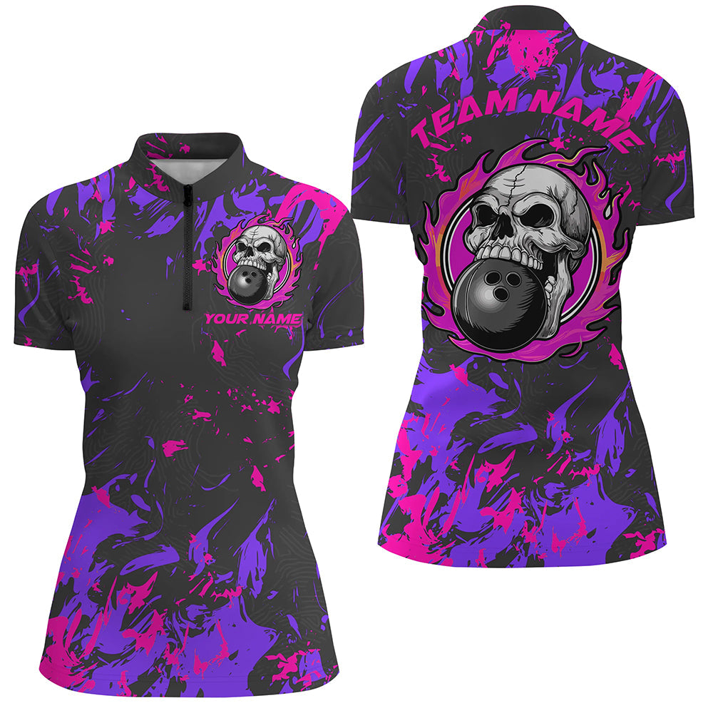 Custom Pink And Purple Bowling Jerseys, Flame Skull Bowling Team Shirts