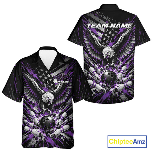Custom Black And Purple Patriotic Eagle Bowling League And Button Up Shirt, Team Jersey