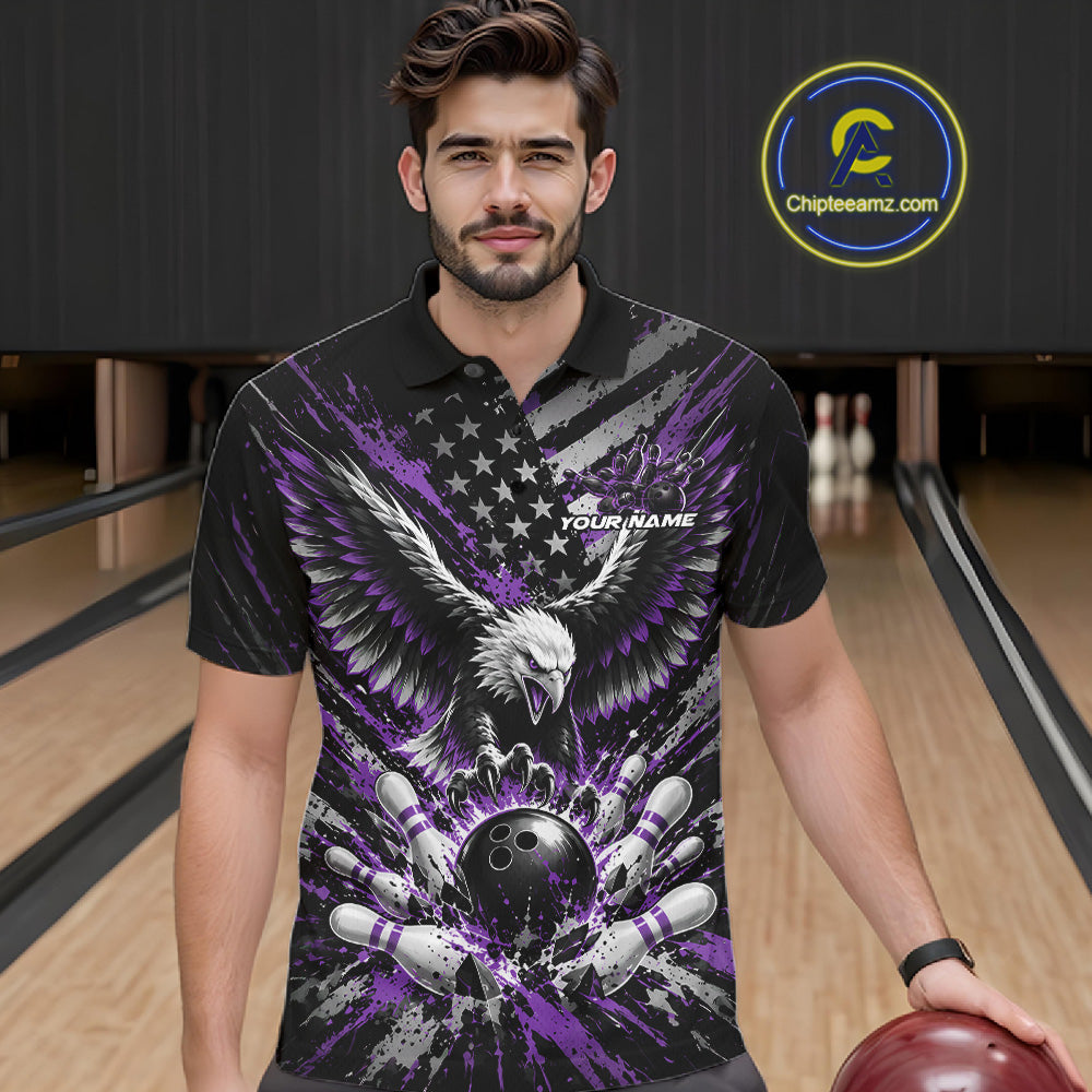 Custom Black And Purple Patriotic Eagle Bowling League Polo Shirt, Team Jersey