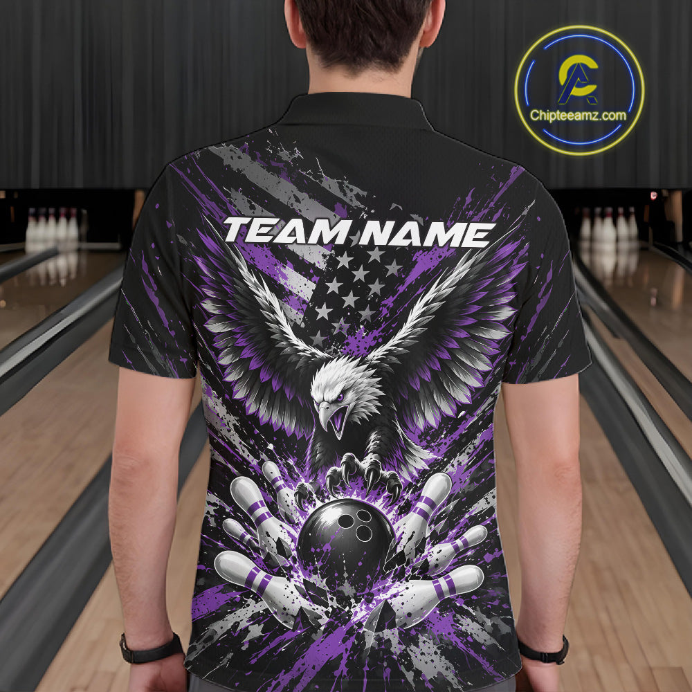 Custom Black And Purple Patriotic Eagle Bowling League Polo Shirt, Team Jersey